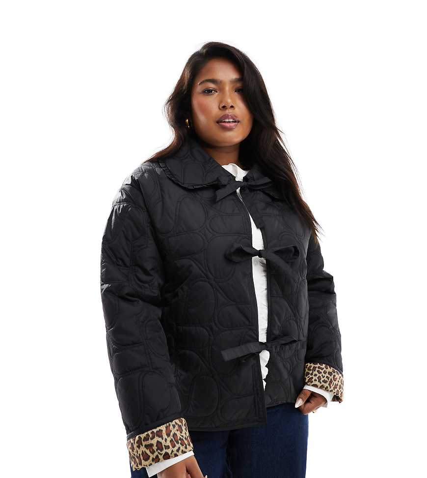 Renee Studio x Holly Wynne exclusive quilted frill collar tie front padded jacket in black with leopard print lining