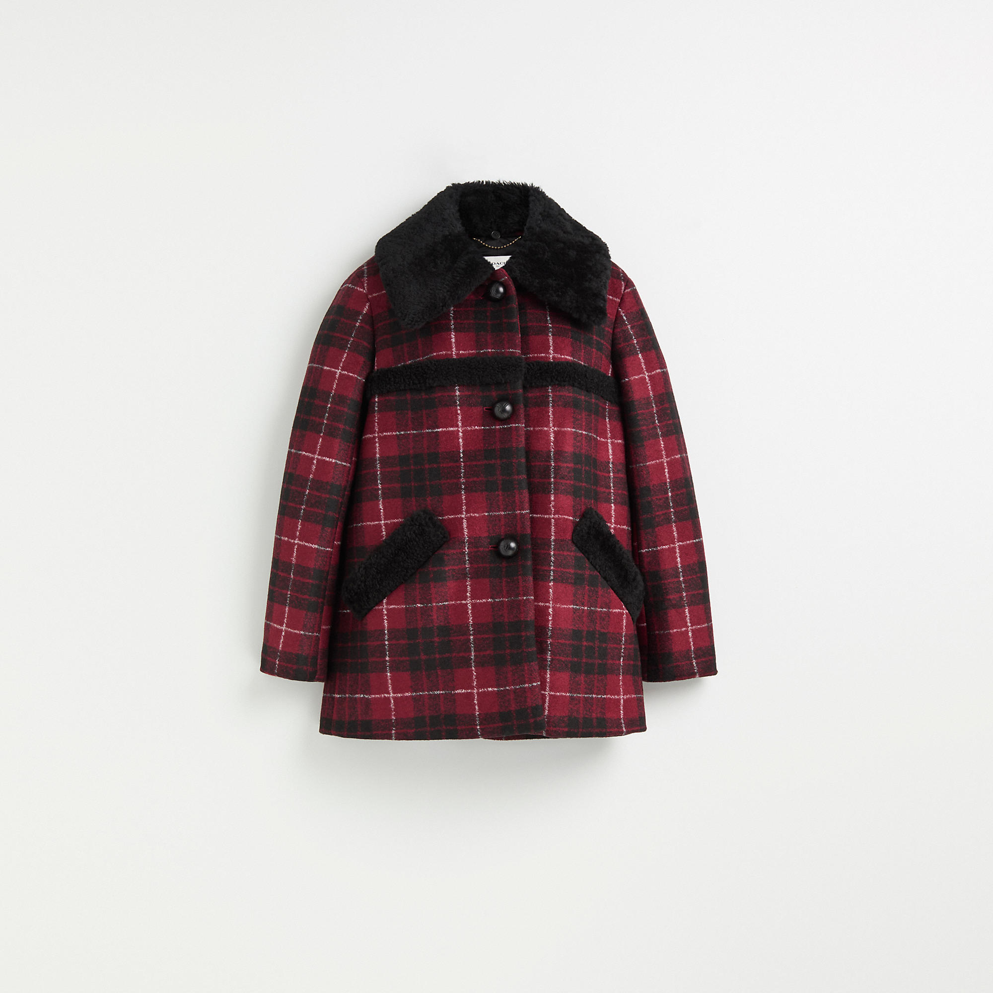 Restored Plaid Wool Coat With Shearling Trim