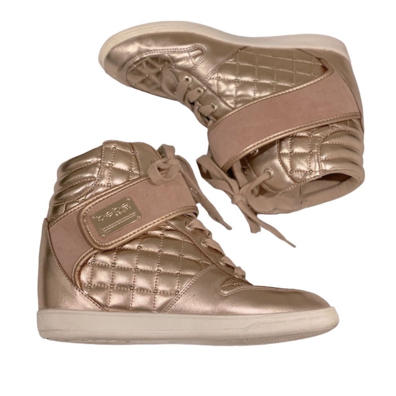 Retro Bebe Pink Rose Gold High Top Sneakers Wedge Shoes 7, Women's