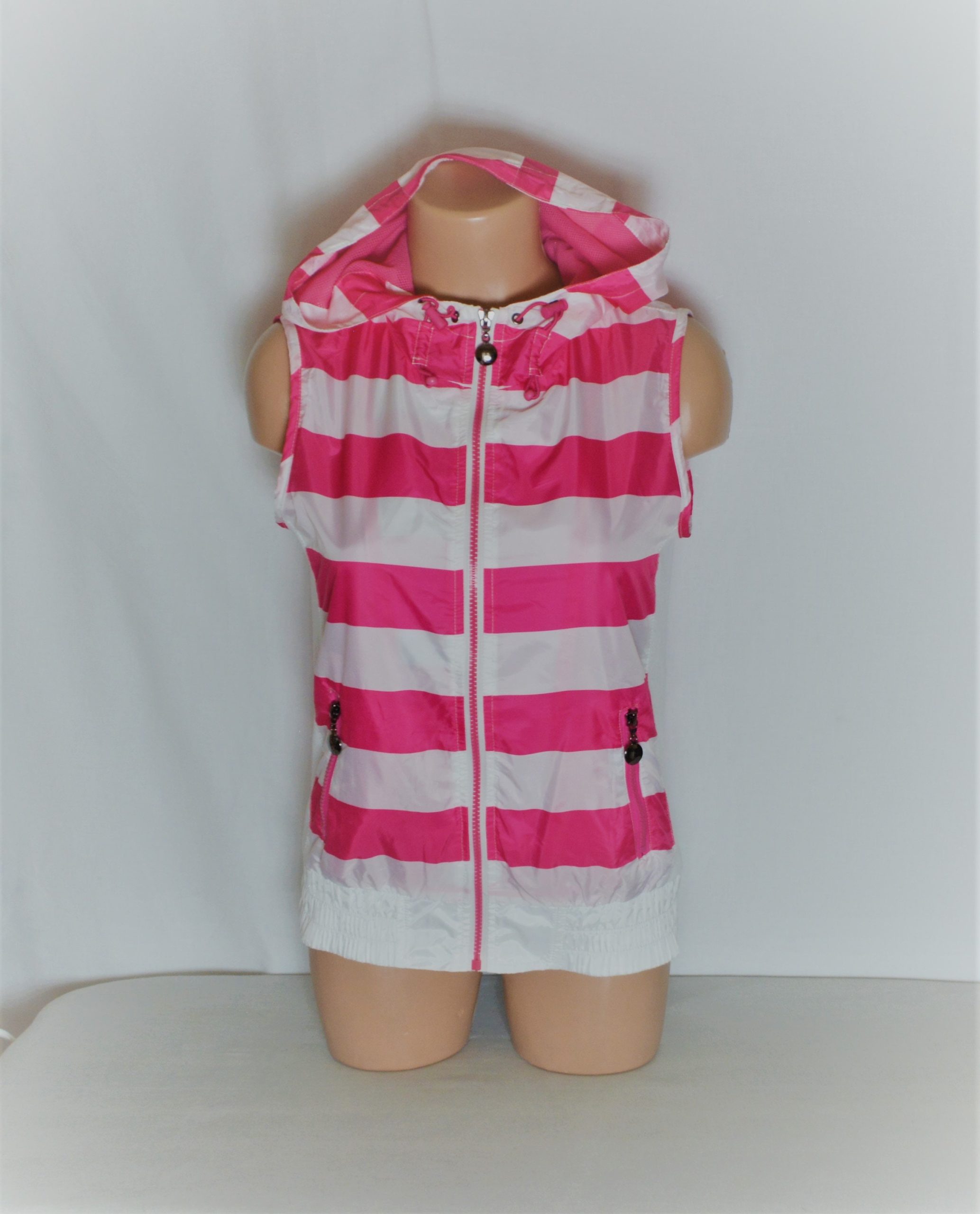 Retro Women Hooded Vest Size M Neon Pink White Fuchsia Striped Sleeveless Jacket Full Zip Gilet Light Bodywarmer Waistcoat Y2K Style