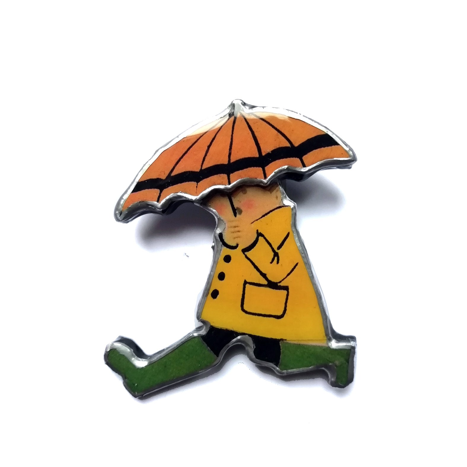 Retro Yellow Raincoat & Orange Umbrella Running Figure Brooch By Ellymental Jewellery