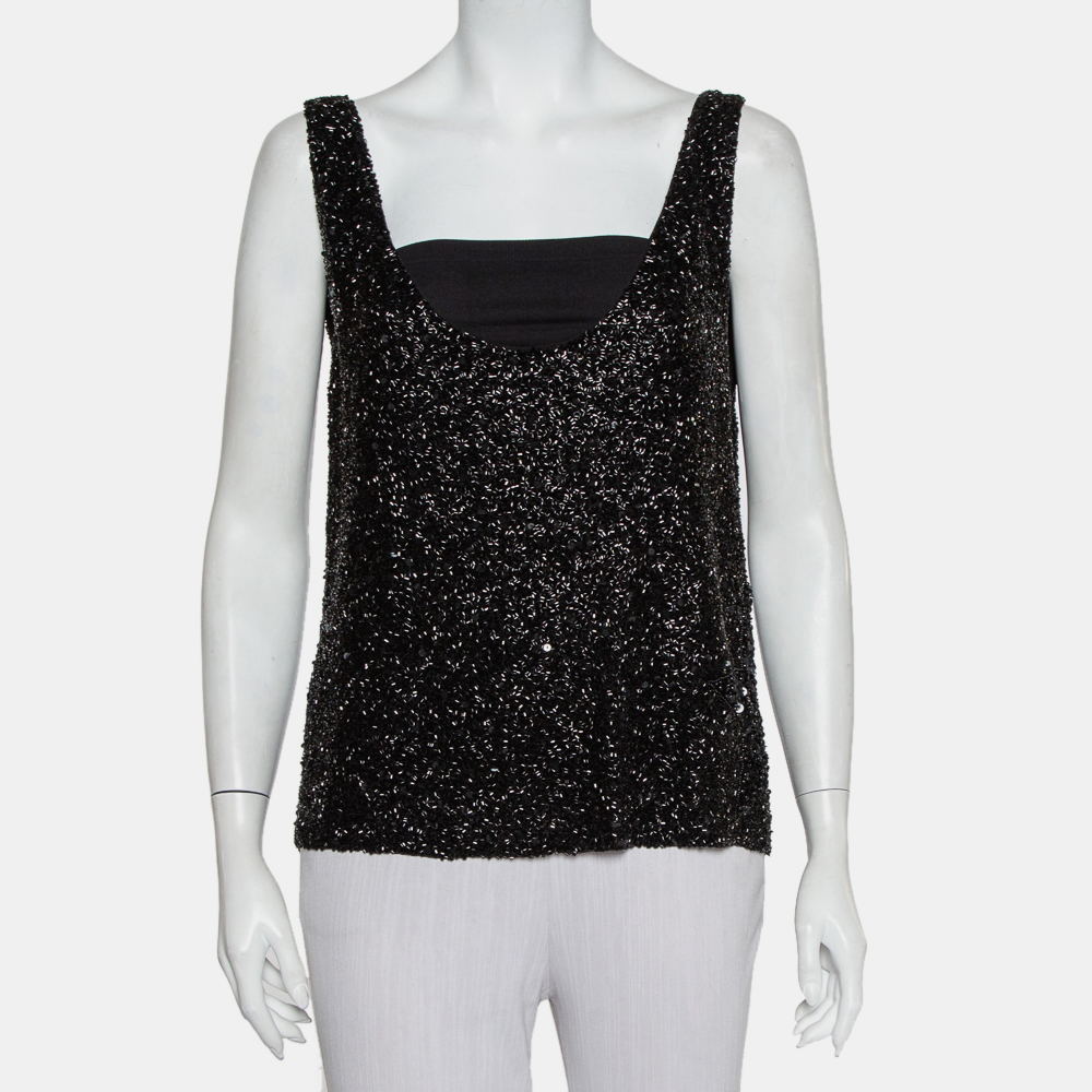 Retrofete Black Sequin & Bead Embellished Synthetic Tank Top L