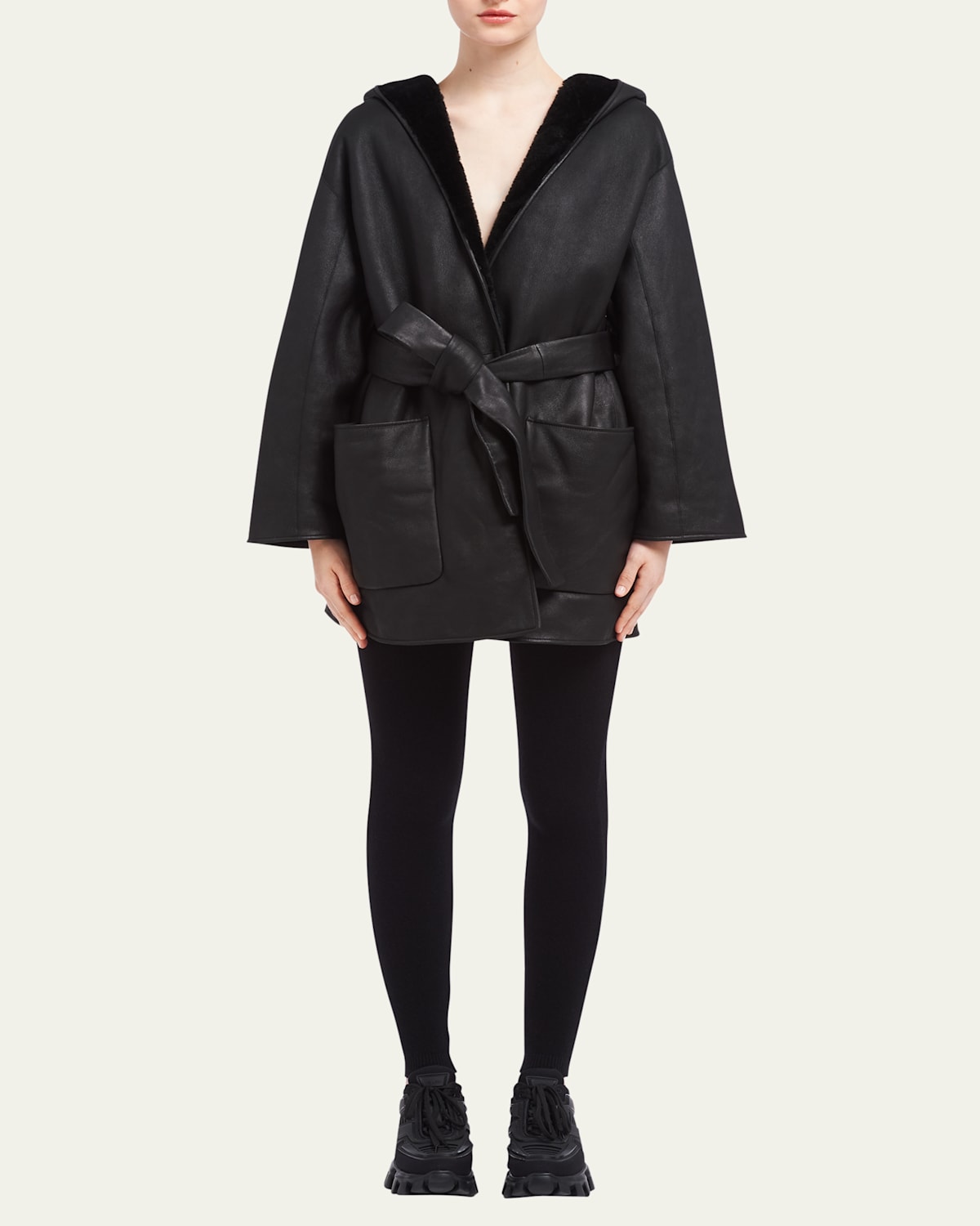 Reversible Hooded Shearling Wrap Coat