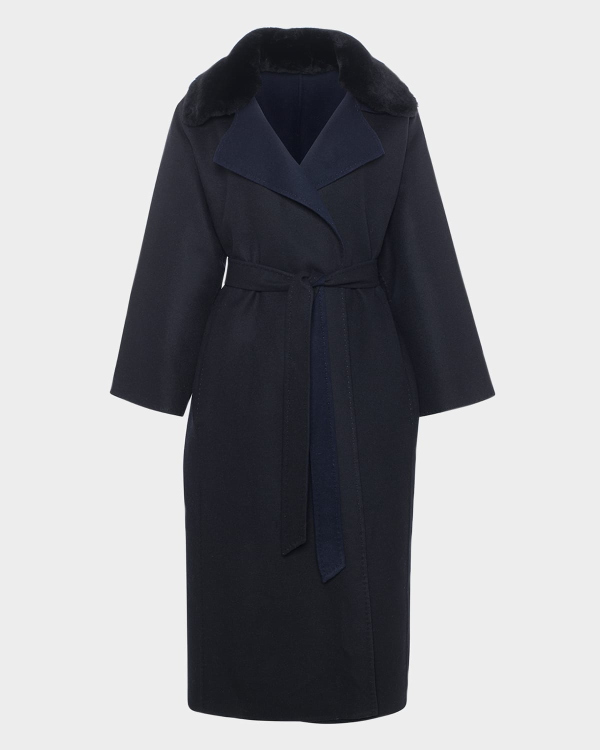 Reversible Wool Belted Coat with Detachable Lamb Shearling Collar