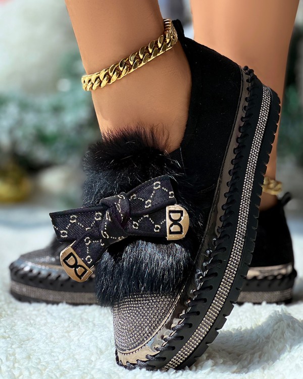 Rhinestone Bowknot Design Platform Fuzzy Slip-On Loafers