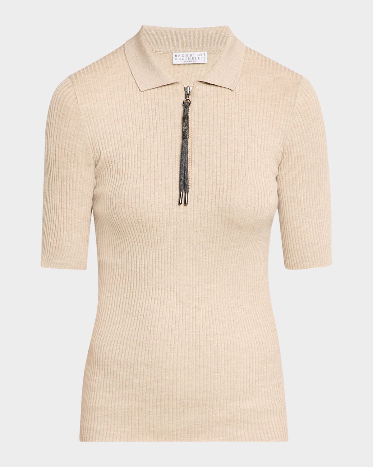 Ribbed Cashmere-Blend Polo Top with Monili Pull