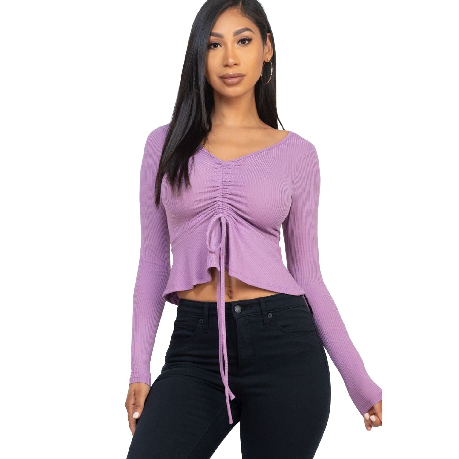 Ribbed Drawstring Front Long Sleeve Peplum Top