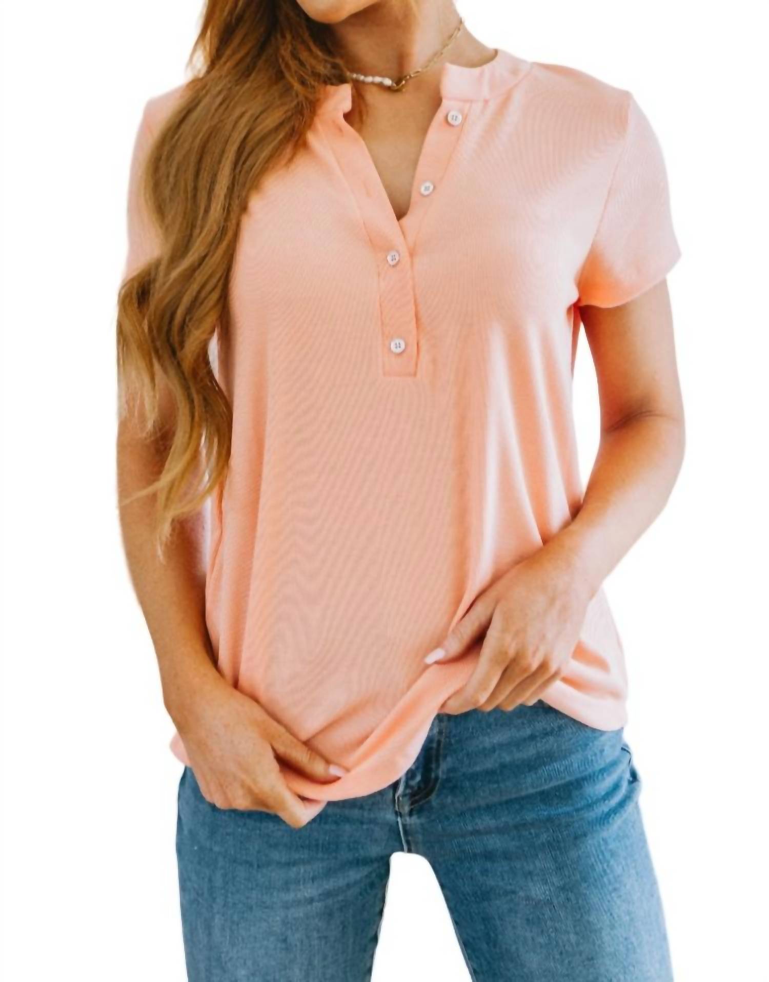 Ribbed Knit Henley Top In Pastel Peach