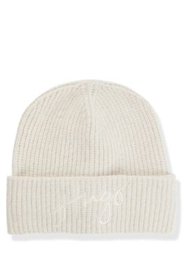 Ribbed beanie hat with embroidered handwritten logo- White Women's Hats and Gloves size pcs.