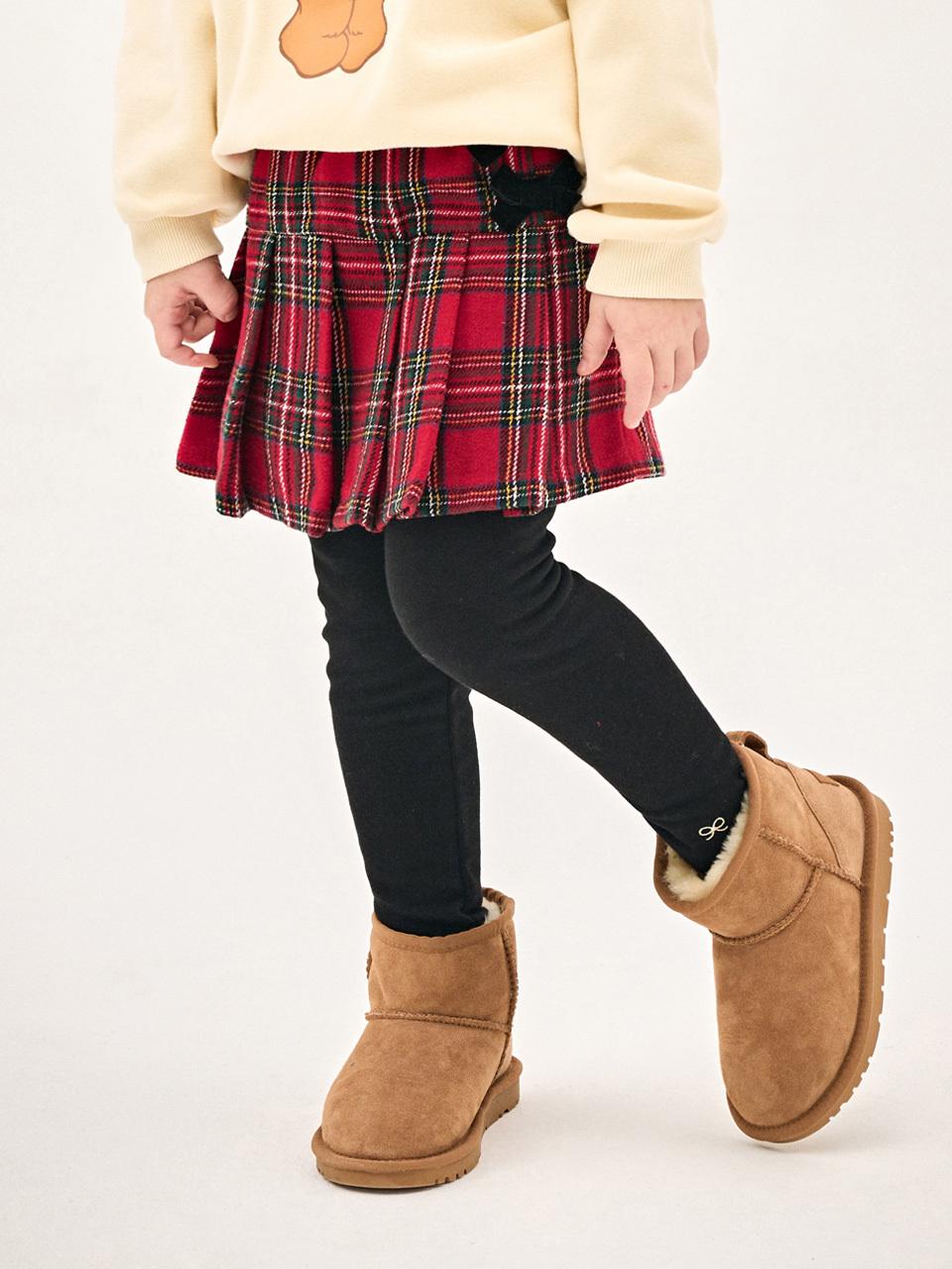 Ribbon Check Fleece-Lined Asymmetrical Leggings [Red]