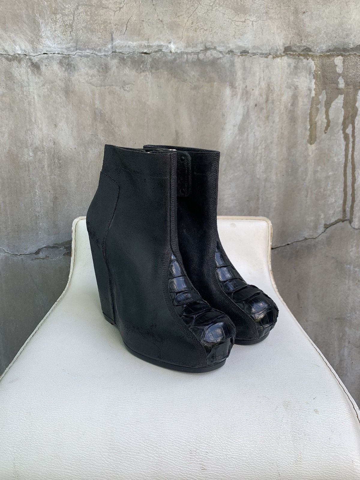 Rick Owens Runway 1/1 Reverse Leather Croc Platform Wedge Boots in Black, Women's (Size 8)