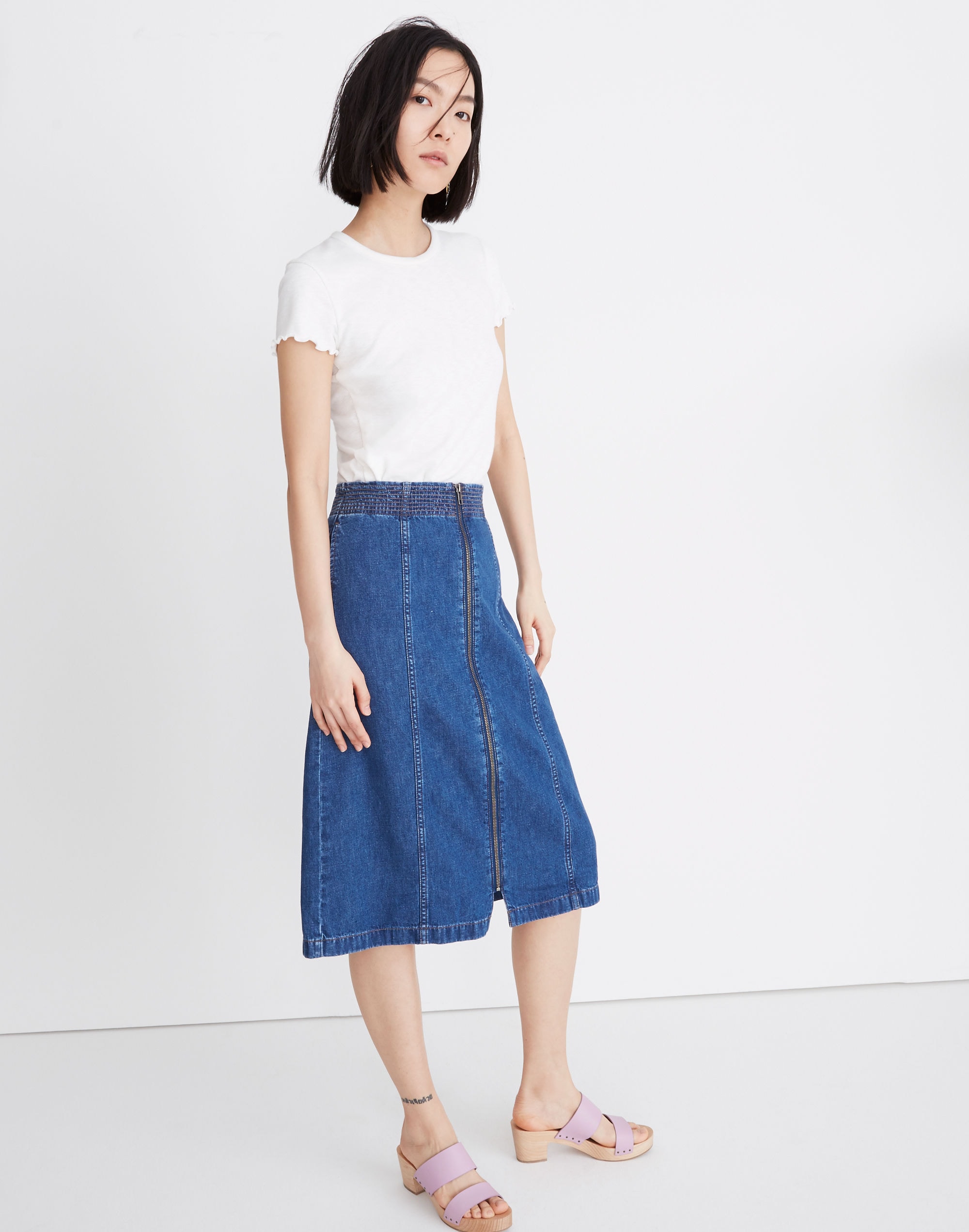 Rigid Denim Zip Midi Skirt in Farley Wash