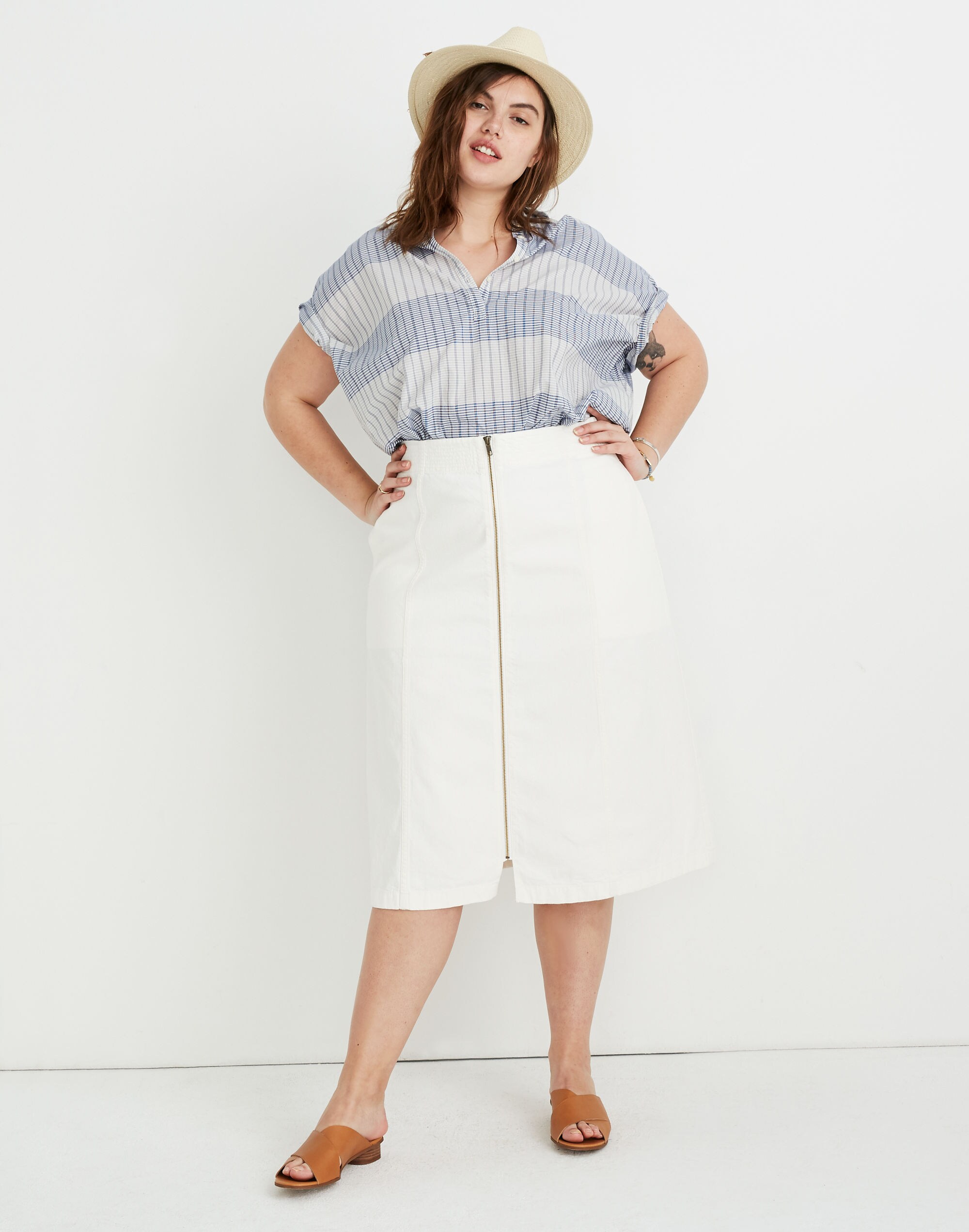 Rigid Denim Zip Midi Skirt in Tile White