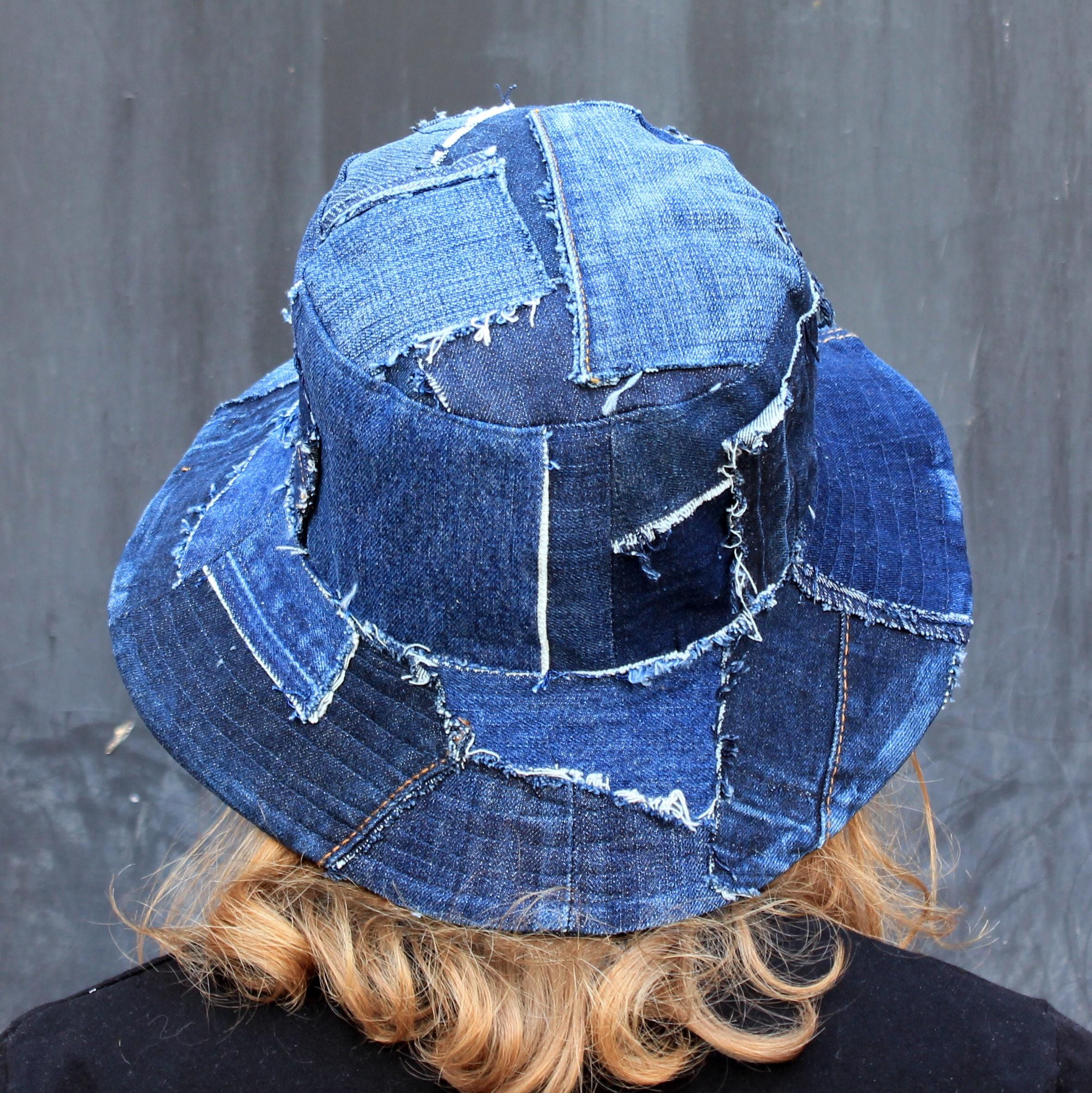 Ripped Jeans Bucket Hat 24" - 61 cm, Patchwork Denim Hat, Distressed Dark Blue Accessory