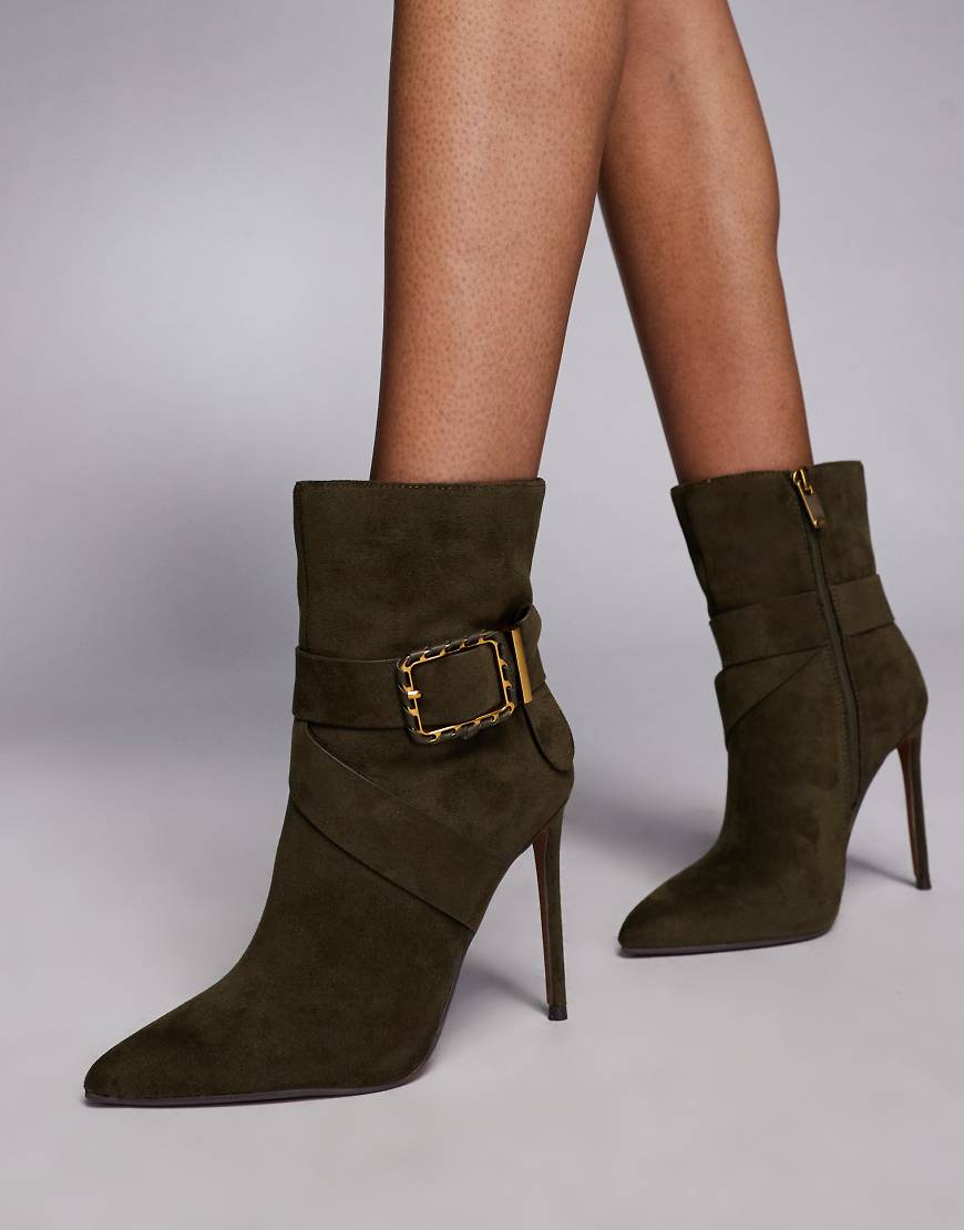 River Island suedette heeled boot in khaki-Green