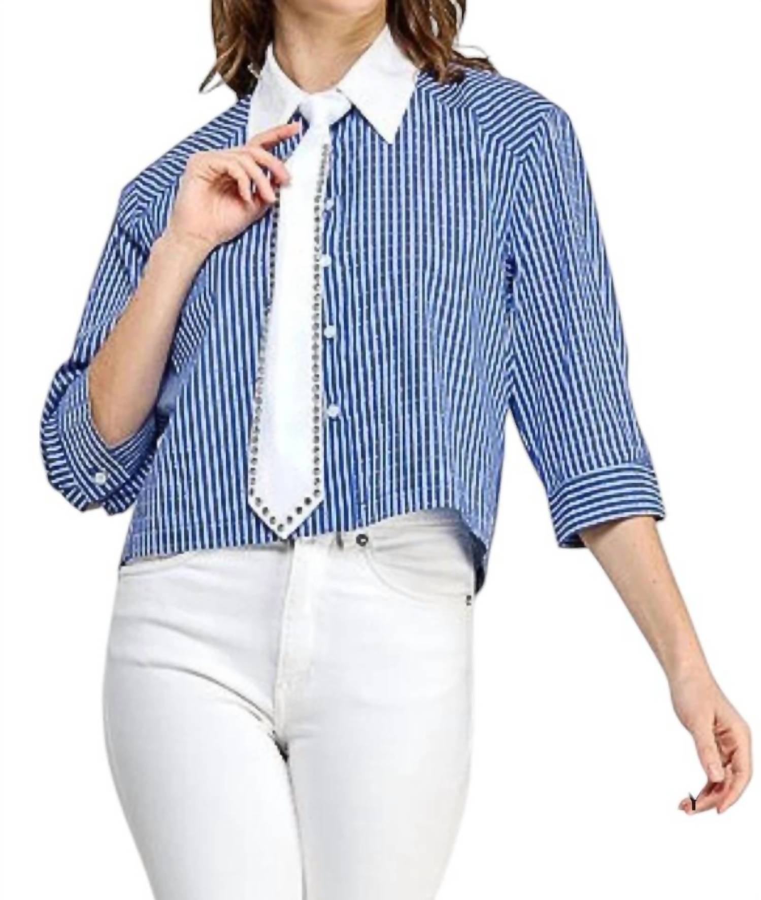 Roberta Embellished Striped Cropped Shirt With Tie In Blue