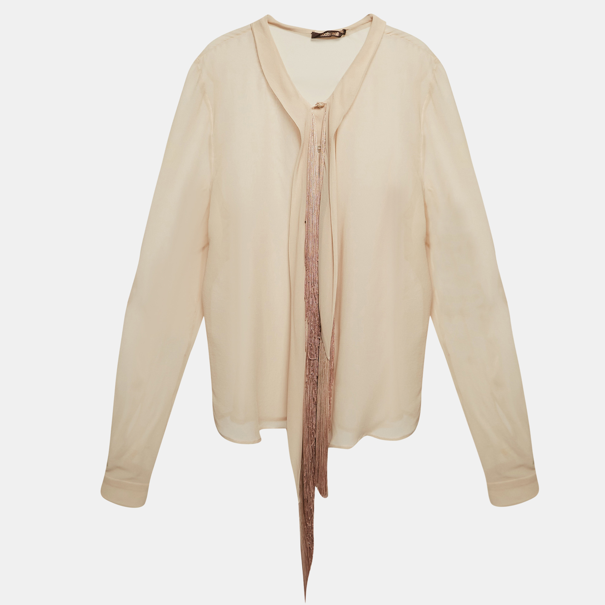 Roberto Cavalli Beige Silk Fringed Shirt L