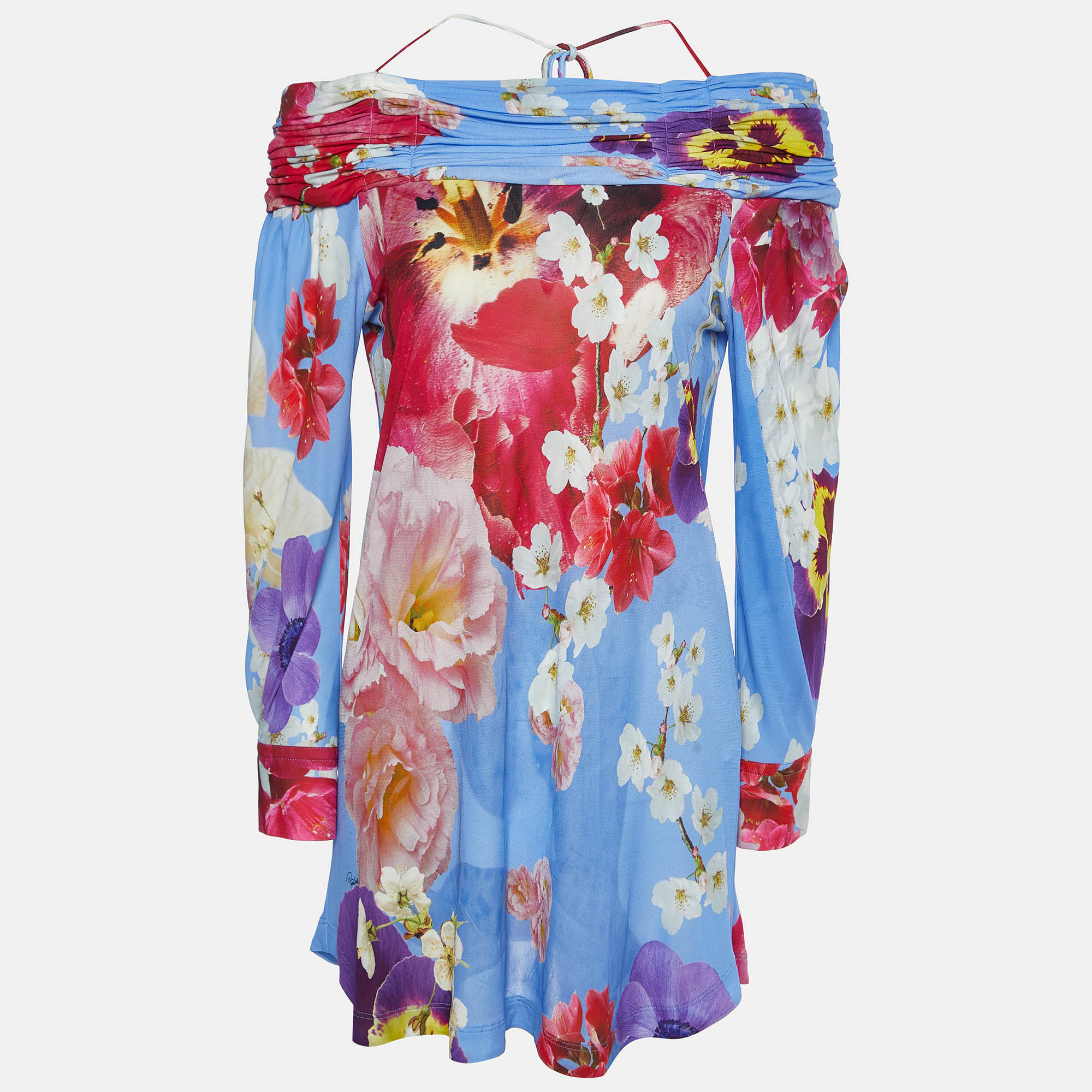 Roberto Cavalli Blue Floral Print Knit Off-The-Shoulder Top M