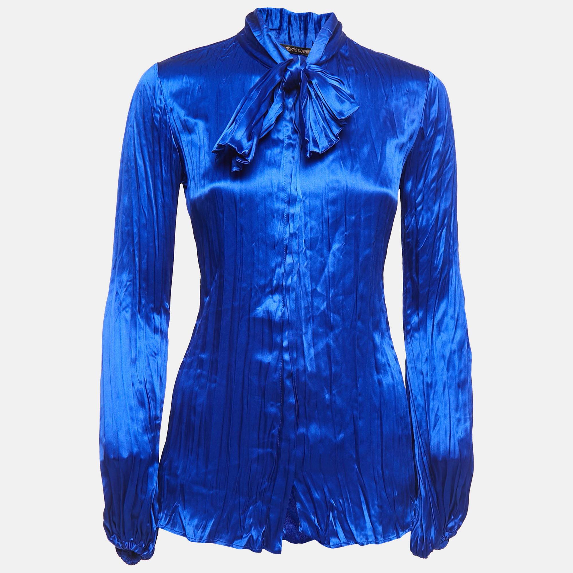 Roberto Cavalli Blue Satin Silk Pleated Tie-Neck Shirt S