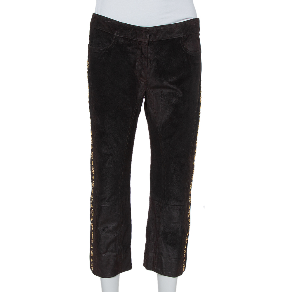 Roberto Cavalli Brown Leather Vintage Cropped Trousers M