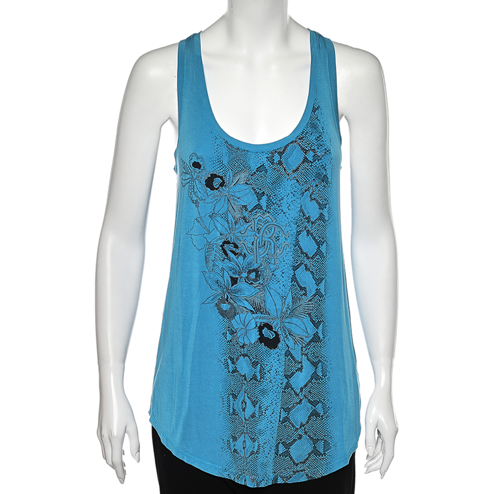 Roberto Cavalli Gym Blue Printed Jersey Tank Top S