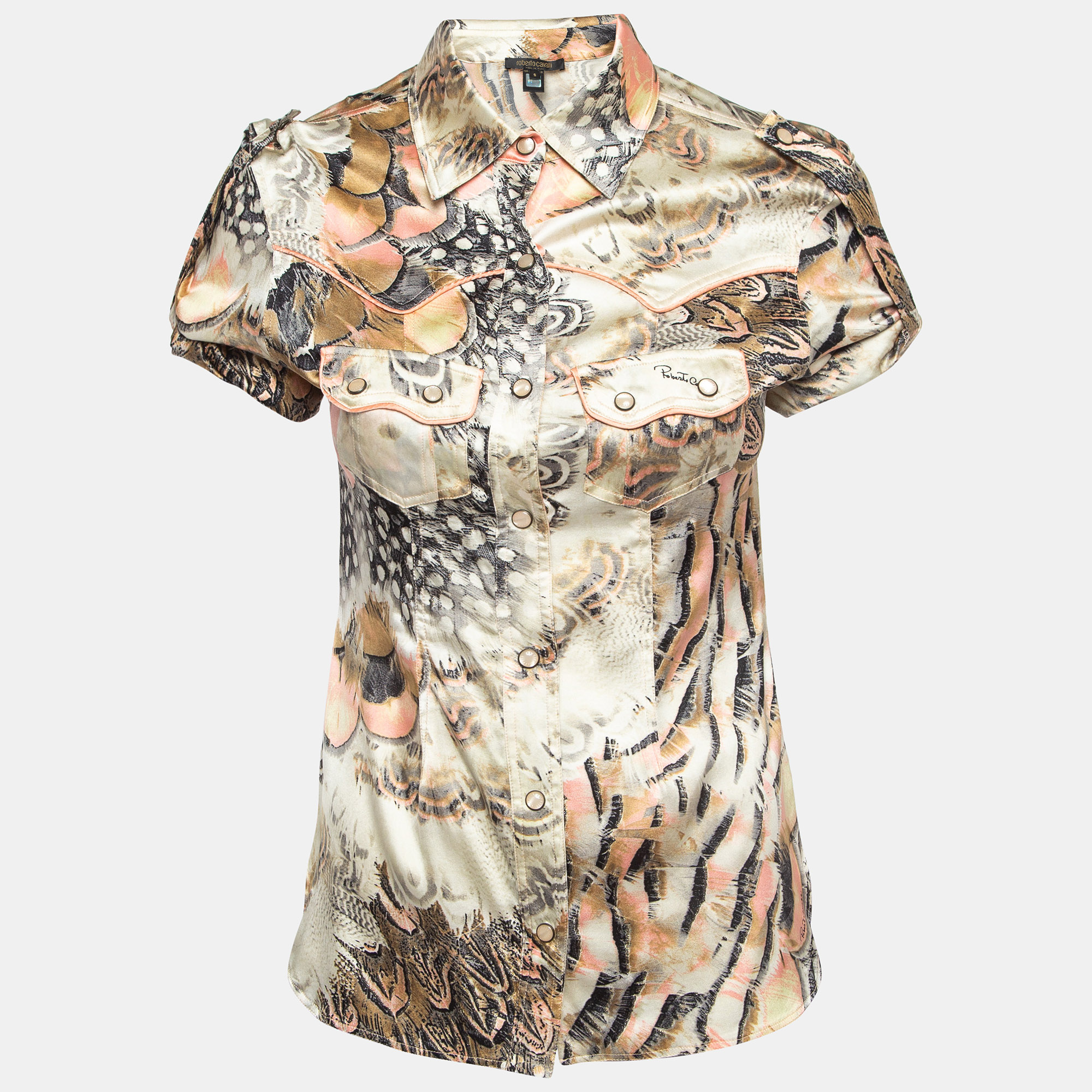 Roberto Cavalli Multicolor Printed Satin Silk Glitter Detail Shirt S