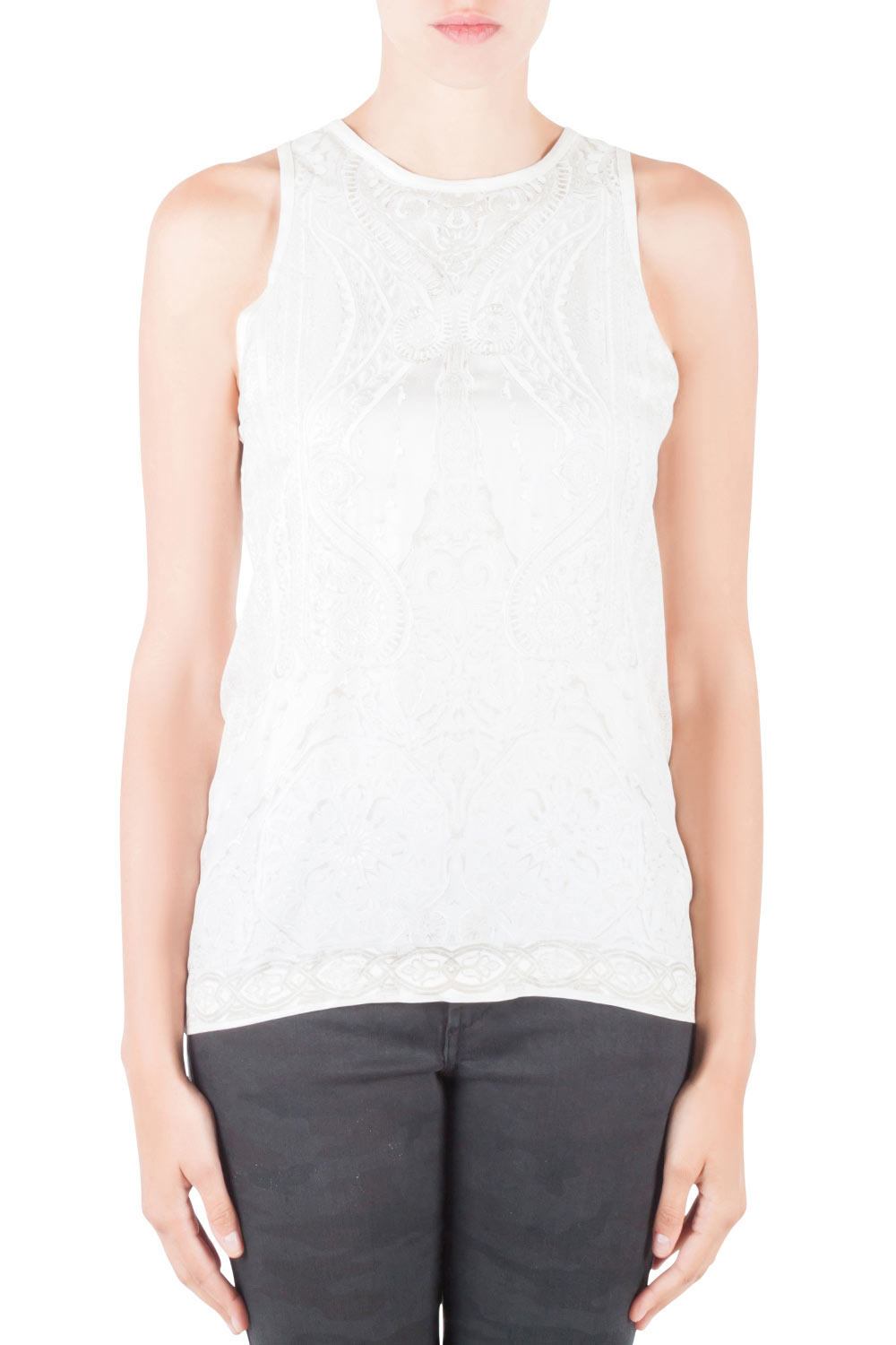 Roberto Cavalli Off White Mixed Media Printed Silk Racer Back Tank Top M