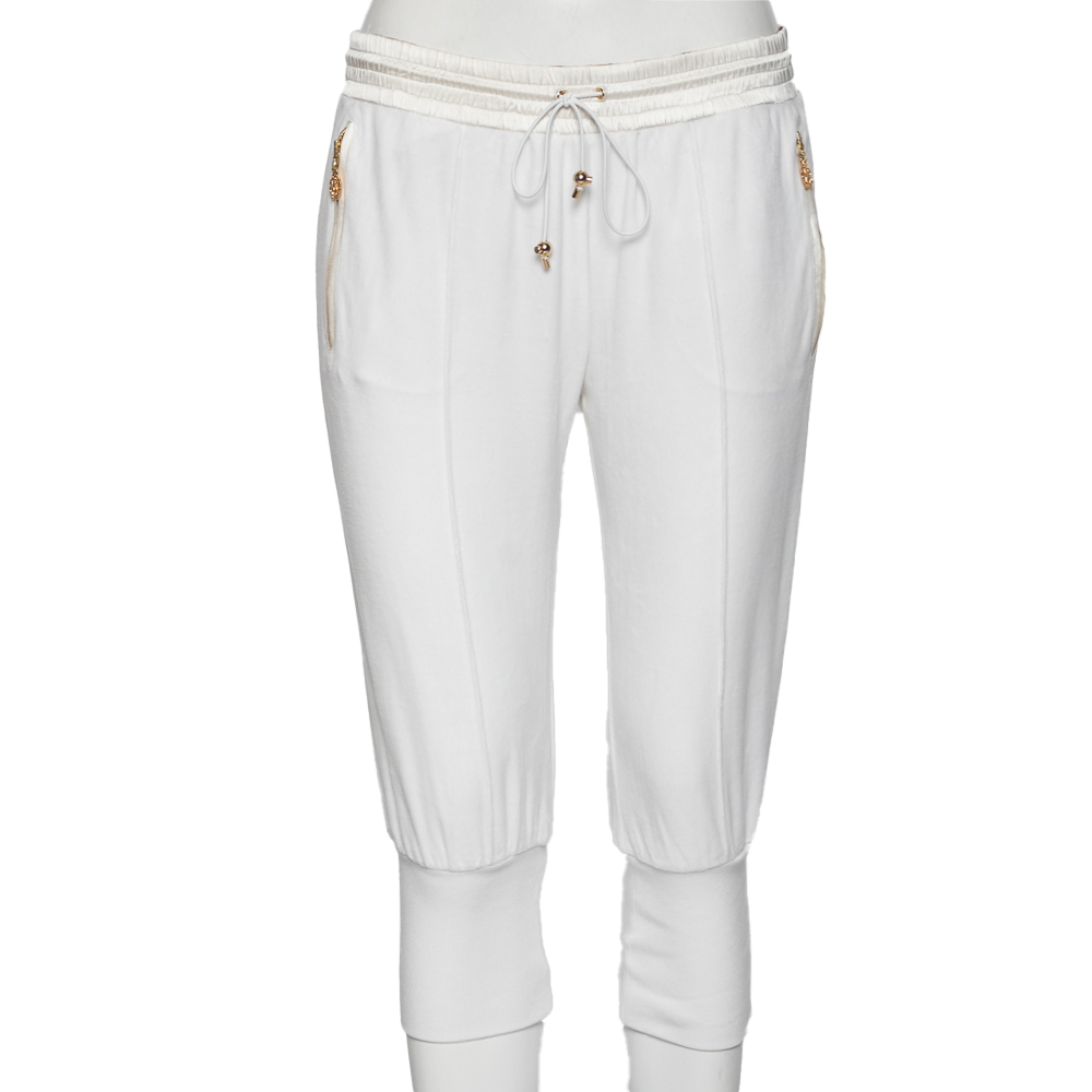 Roberto Cavalli White Cotton Rib Knit Detailed Cropped Joggers M