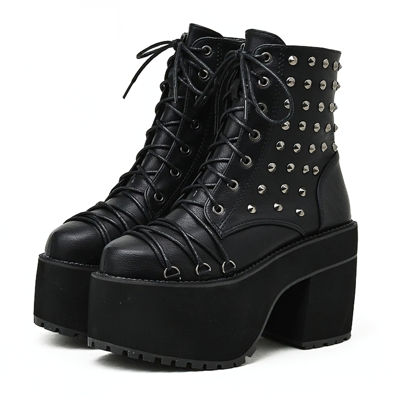 Rock Style Black Ankle Boots For Women / Ladies Shoes High Heeled Of Rivet