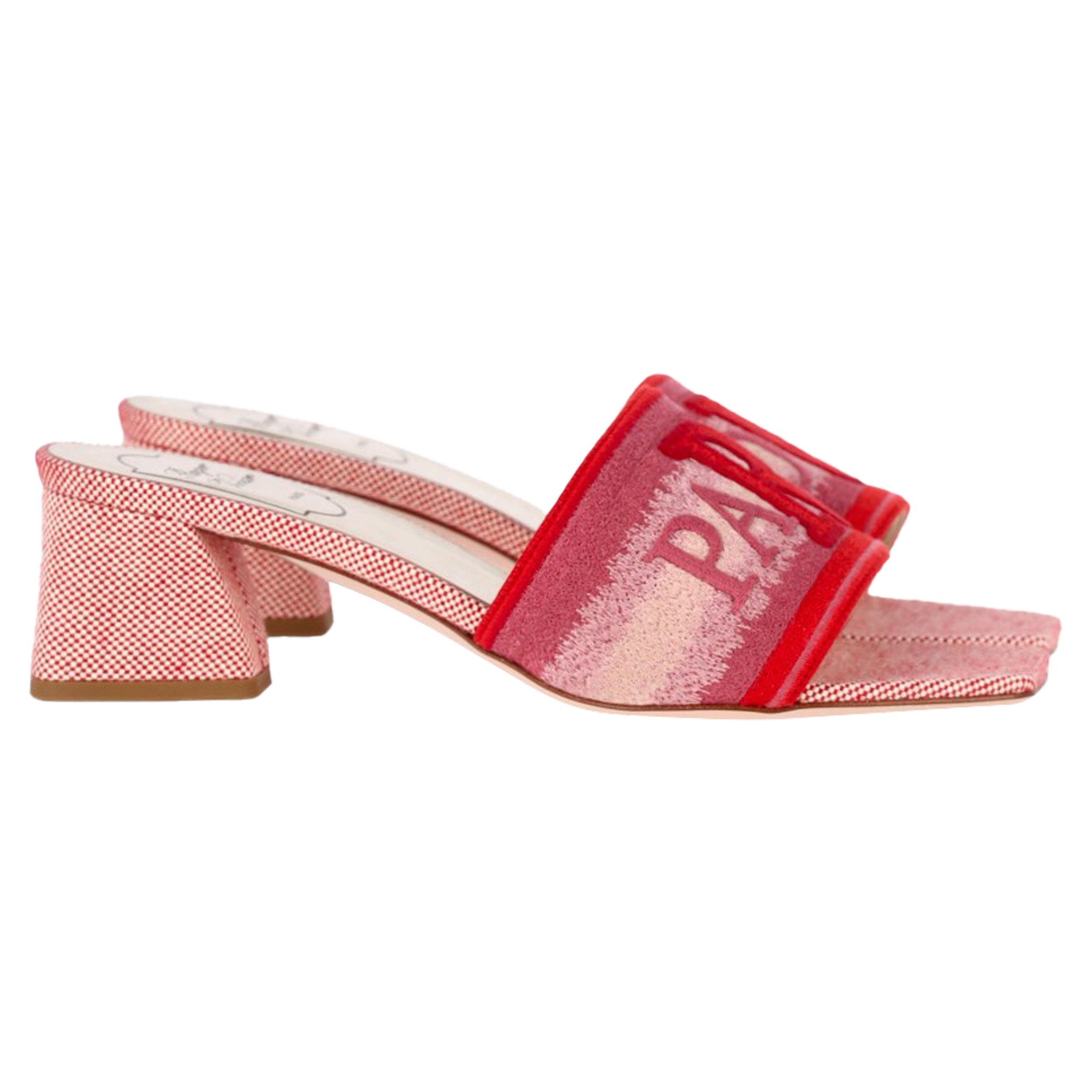 Roger Vivier Paris Love Heeled Slip-On Sandals in Red Canvas