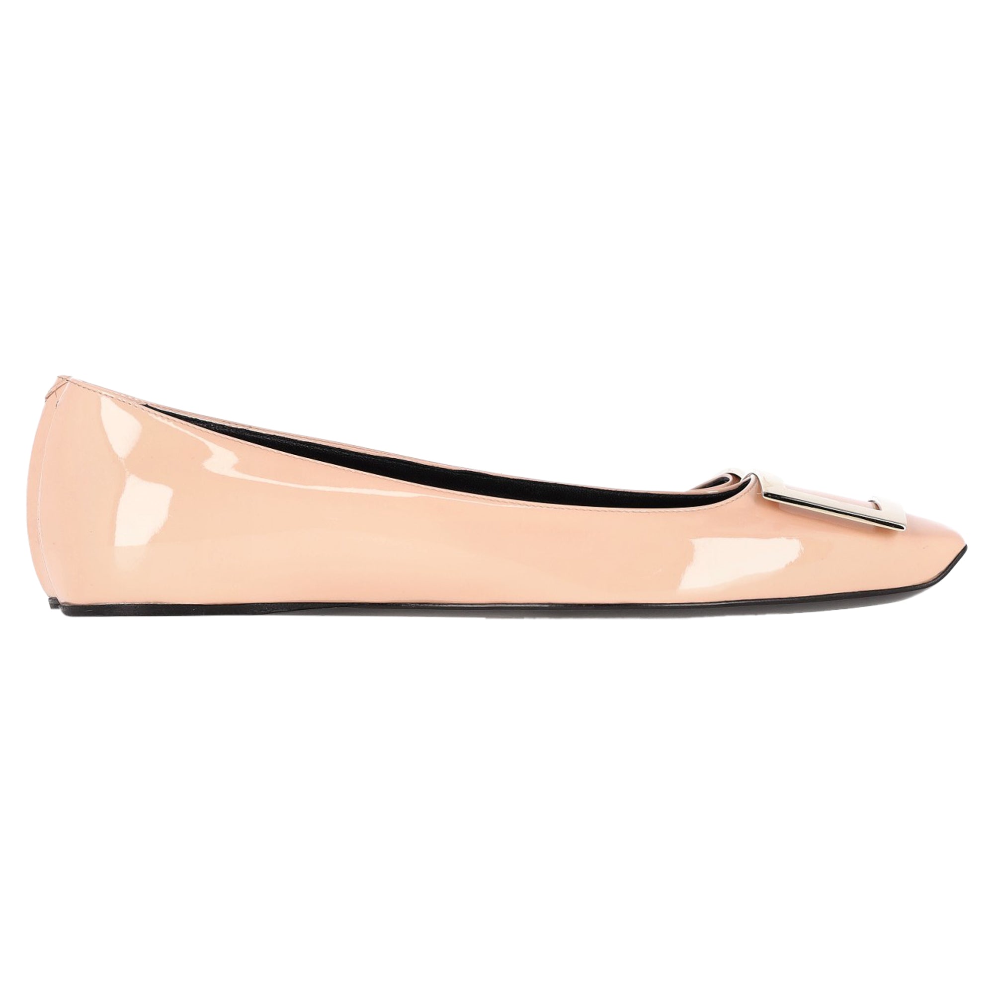 Roger Vivier Trompette Buckle Detail Ballet Flats in Nude Patent Leather