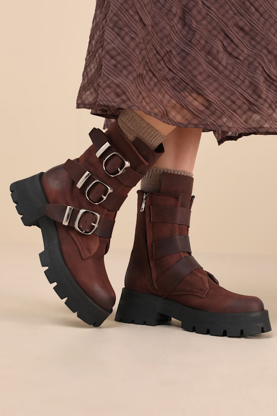 Roland Brown Leather Buckle Moto Ankle Boots