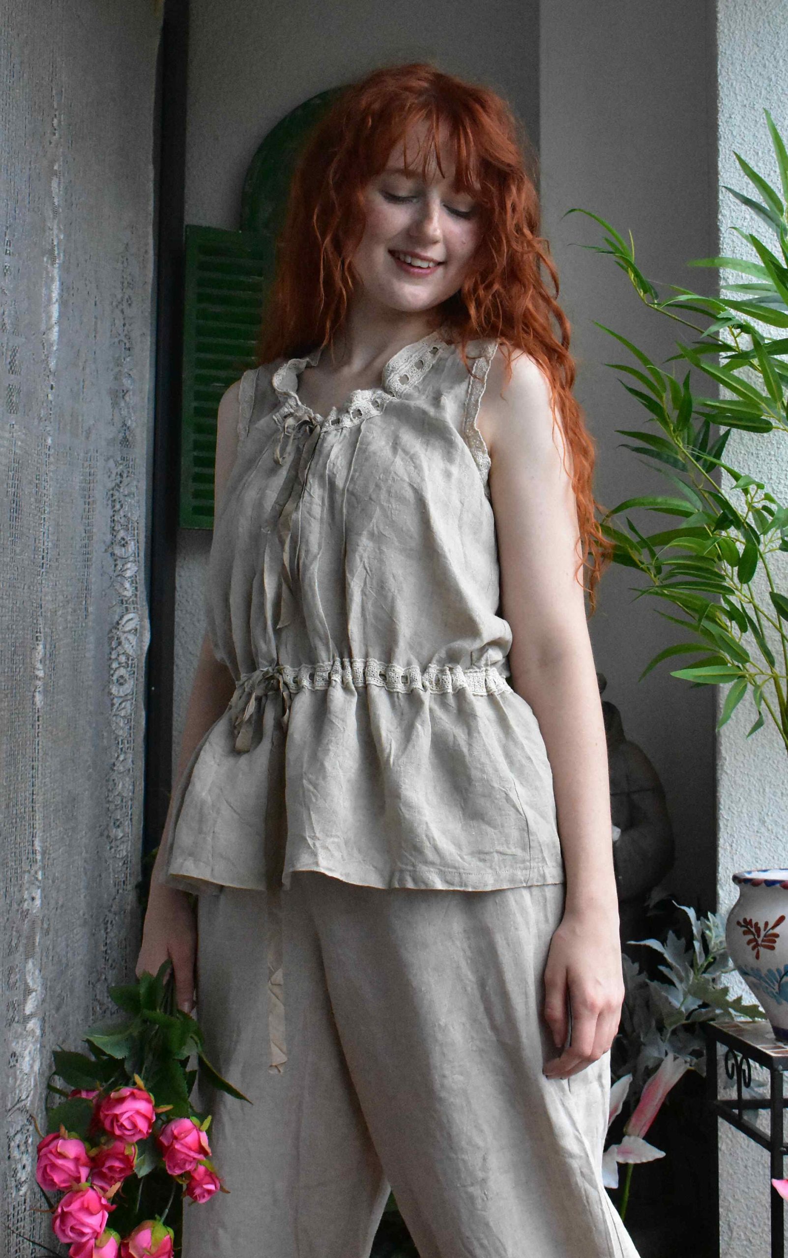 Romantic Boho Natural Lightweight Linen "Nora' Camisole Top With Embroidery Anglaise Lacy Trim & Rayon Ribbon Ties - Made To Order