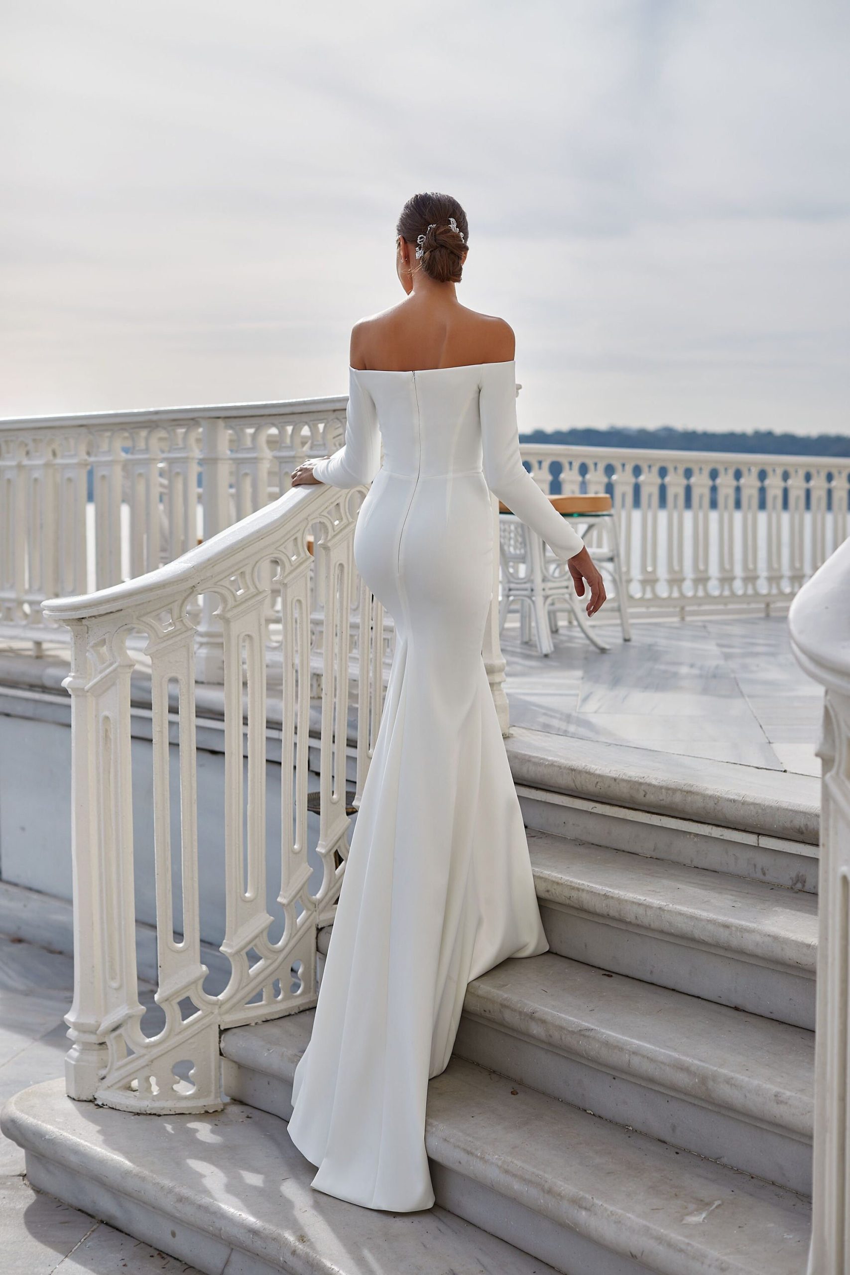 Romantic Off The Shoulder Wedding Dress Overlay Skirt Simple Mermaid Long Sleeve Modern Fitted Train Nina