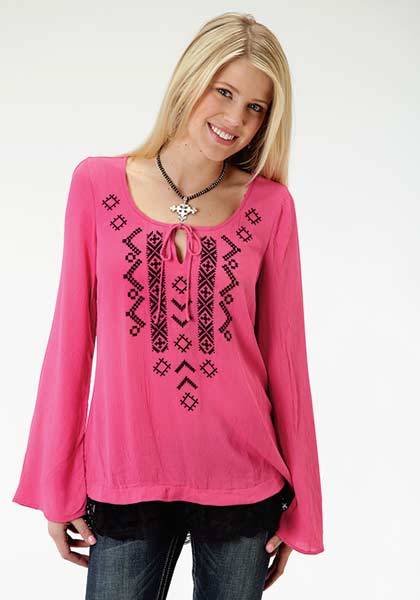 Roper Ladies Crepe Aztec Embroidery Bell Sleeve Tunic Top