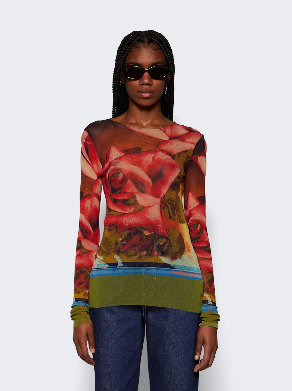 Rose Printed Mesh Long Sleeve Top Red And Green