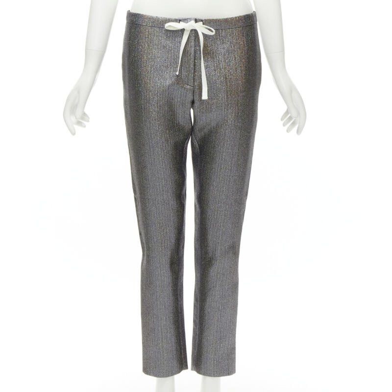 Rosie Assoulin Silver Iridescent Glitter Metallic Silk Tapered Cropped Pants Xs, Women's (Size 27)