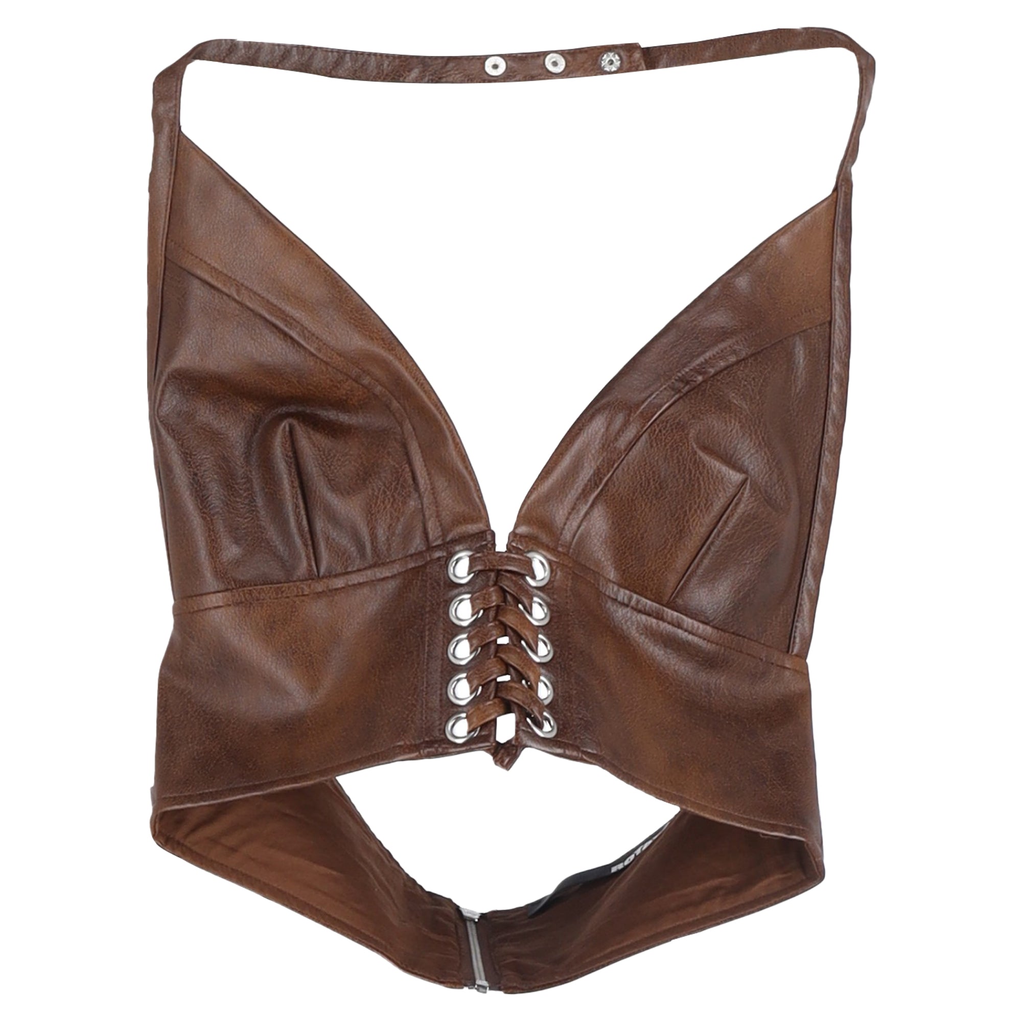 Rotate Birger Christensen Everly Lace-Up Cropped Halter Neck Top in Brown Faux Leather