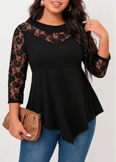 Rotita Black Lace Panel Peplum Top Asymmetry Black Round Neck 3/4 Sleeve Blouse - M