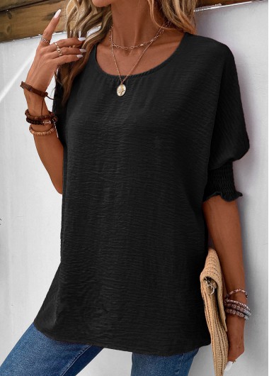 Rotita Black Tunic Top Mature Womens Tops Smocked Black Round Neck Half Sleeve T Shirt - XXL