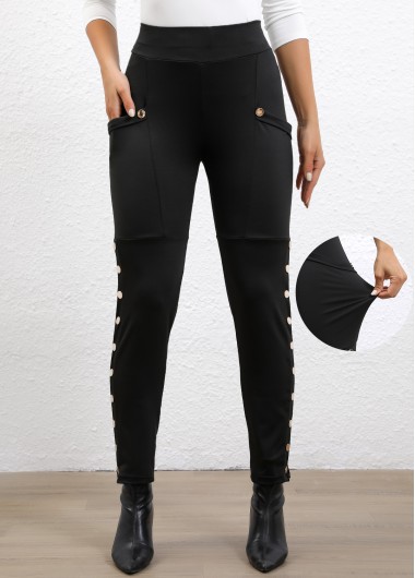 Rotita Button Black Skinny Elastic Waist High Waisted Pants - XL