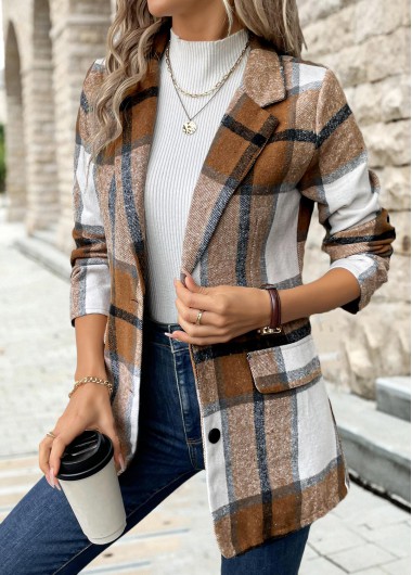 Rotita Button Plaid Dark Camel Lapel Long Sleeve Coat - XL