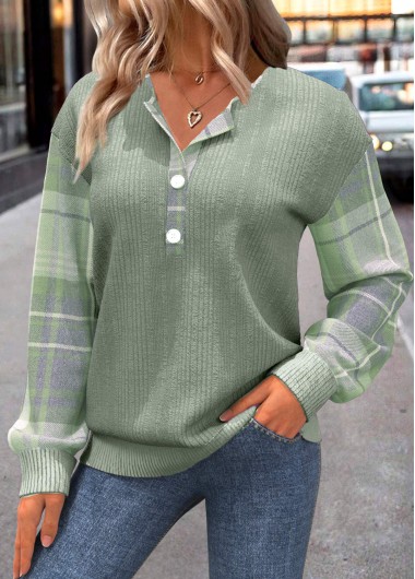 Rotita Button Plaid Green Split Neck Long Sleeve Sweatshirt - XXL