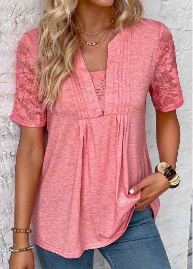 Rotita Coral Pink Short Sleeve Tunic Top Mature Womens Tops Patchwork Peach Red Split Neck T Shirt - M