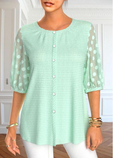 Rotita Cyan Half Sleeve Tunic Top Mature Womens Tops Mesh Mint Green Round Neck Half Sleeve Blouse - XXL