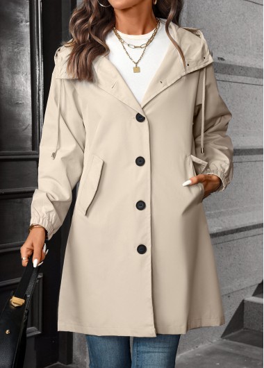 Rotita Drawstring Beige Hooded Long Sleeve Trench Coat - XL