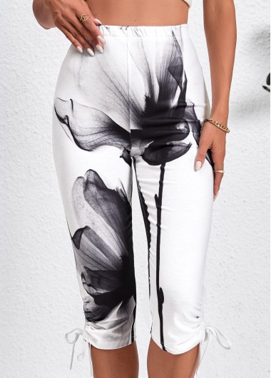 Rotita Drawstring Ink Painting Print White Skinny Elastic Waist Pants - S