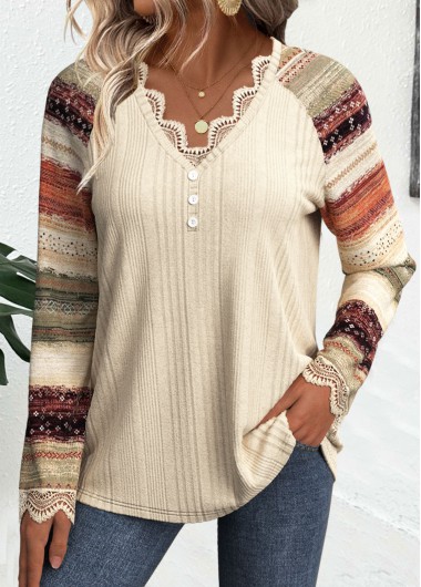 Rotita Embroidery Striped Beige V Neck Long Sleeve T Shirt - XXL