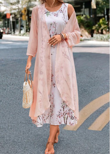 Rotita Floral Loose Long Tunic Dress Two Piece Floral Print Pink Maxi Dress and Cardigan - XXL