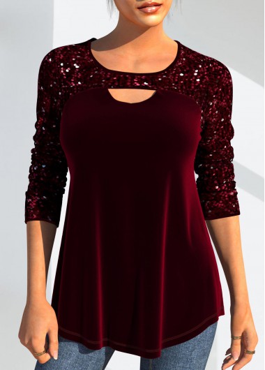 Rotita Glitter Sparkly Holiday Tops Christmas Green Sequin Velvet Tunic Top Cut Out Wine Red Round Neck Long Sleeve Blouse - S